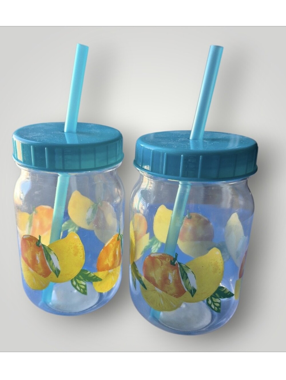 Lemon Print Style Tumblers Set of 2  with Blue Lids & Straws